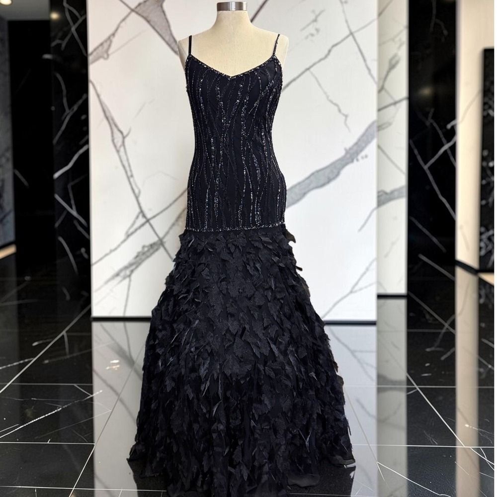 Sue Wong Nocturne 10 Silk Bead Feather Mermaid Gown Black Formal Dress Prom Gala